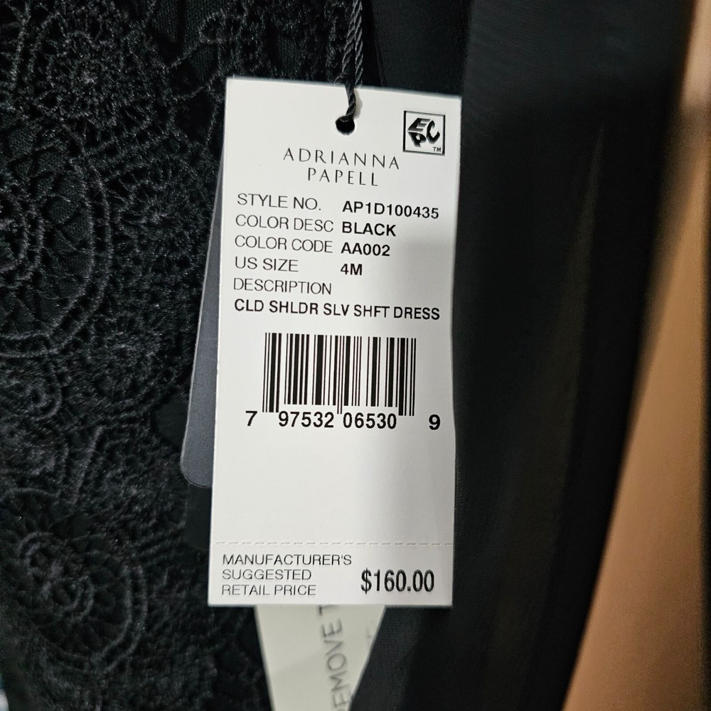 New Adrianna Papell Little Black Dress sheer Sleeve Shift Size 4 - Picture 4 of 5